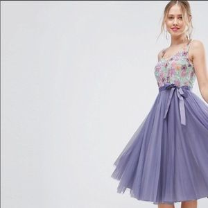 Floral Embellished Bodice Midi Tulle Skater Dress